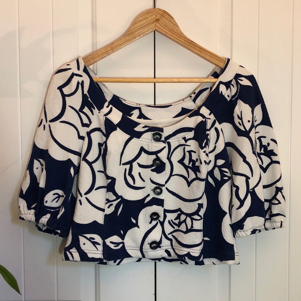 MAEVE cobalt and white crop top 3/4 sleeves M
